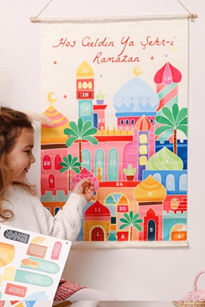 MSticker Ramazan Ayı 30 Günlük Etkinlik Panosu , Çocuklara Özel Duvara Asılan Kumaş Etkinlik Panosu Stickerlı