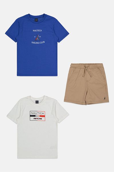 Nautica Kids Boy 3 Pcs Brand Logo T-Shirt And Chino Shorts, White/Blue/Tan