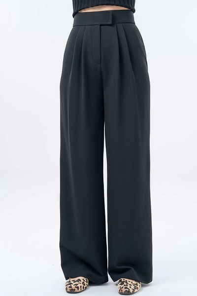 Saade Black High Waist Velcro Closure Double Pleat Woven Palazzo Pants