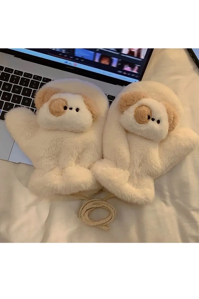 CAŞ DEKORASYON Cream Color Dog Figure Strap Plush Gloves