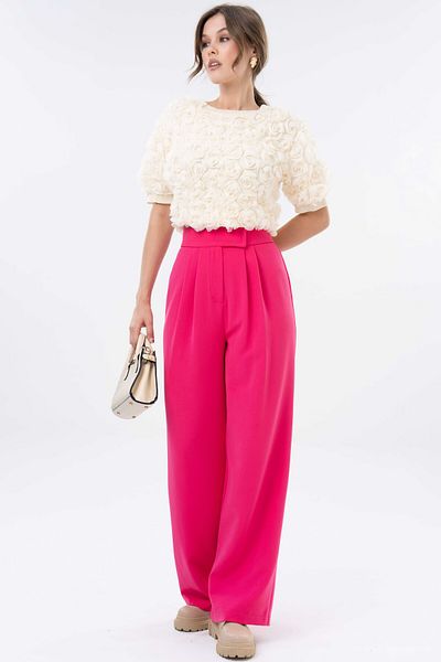 Saade Fuchsia High Waist Velcro Closure Double Pleat Woven Palazzo Trousers
