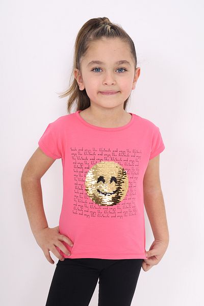 Toontoy Smiling Face Sequin Girl's Embroidery T-shirt