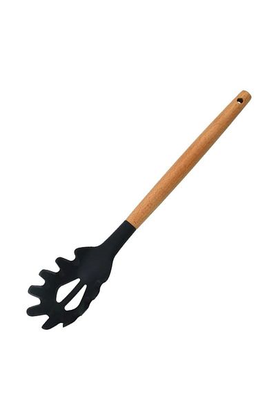 Qerhome Black Silicone Spaghetti Spoon - Bamboo Handle, 1 Piece
