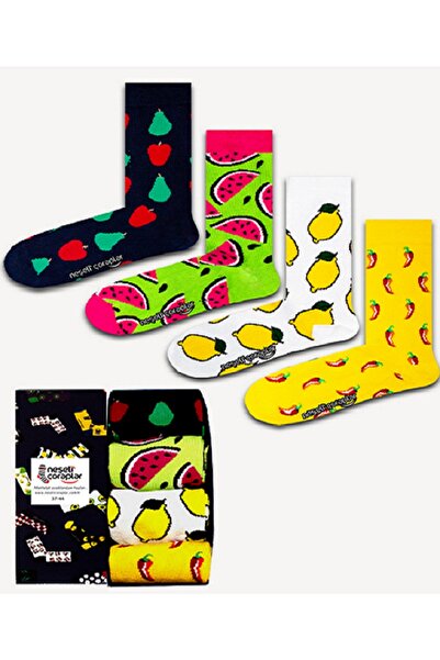 Neşeli Çoraplar 4'lü Sevimli Meyveler Renkli Çorap Set