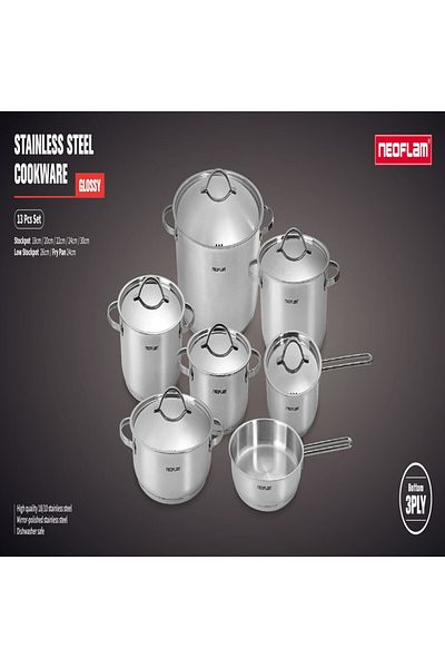 NEOFLAM ,Stainless Steel Cookware Set13pcs,3 Ply(18/10Pots18,20,22,24,30LowPot26cm+Fry24cm)Glossy