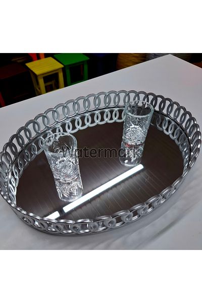 ASYA PAZARLAMA Silver Color Mirrored Oval Tea Coffee Presentation Tray - Luxury Tray