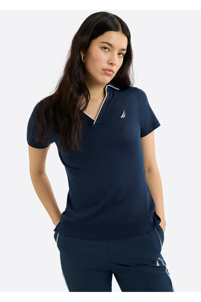 Nautica Women's Dark Navy Short Sleeve V- Neck Polo Shirt, Lightweight Summer...