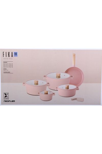 NEOFLAM FIKA ,Cooking Set11pcs,Pots16,22,24,26cm,Glass Lid+Fry24cm)Induction,Non stick,Mini peach Color