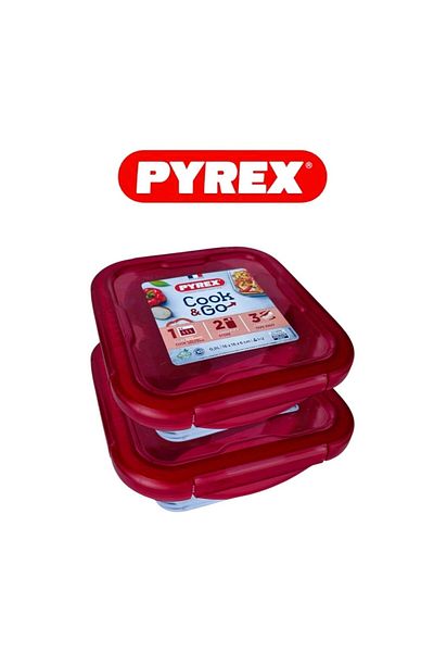 Pyrex طبق تخزين مربع من Cook & Go بسعة 800 مل - عبوة من قطعتين - محكم الغلق، آمن للاستخدام في الفرن والميكروويف