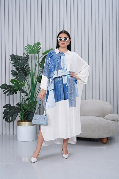 AYASOFYA OTANTIK Women's White Denim Jean Print Oversize Loose Plus Size Shirt Dress
