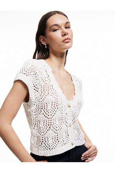 Koton Openwork Sleeveless Buttoned V-Neck Sweater Cardigan
