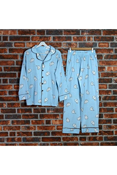 ADEREN KİDS MAVİ BEYAZ KEDİLİ BİYELİ PİJAMA TAKIMI
