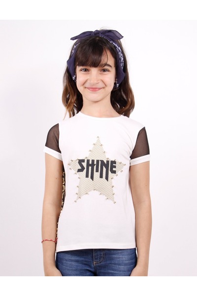 Toontoy Star Printed Girl's T-Shirt - Mesh Sleeve