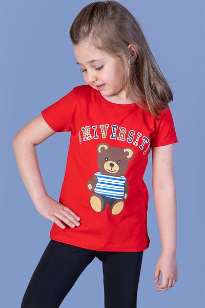 Toontoy Teddy Bear Printed and Stone Embroidered T-Shirt for Girls