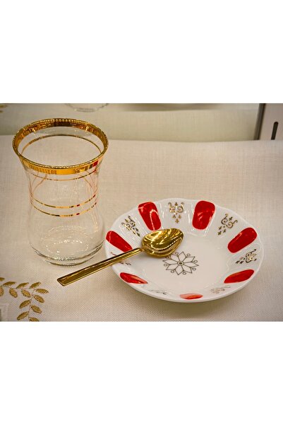 DUKKANI ISTANBUL Paşabahce Red Tea Cup Set for 6 People - Gold Gilded and Spoon