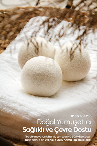Evonox Clean 3 Adet Çamaşır Yün Keçe Kurutma Topu + 30ml Esans Koku Hediye - Doğal ve Çevre Dostu