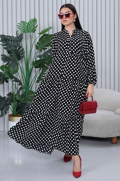 AYASOFYA OTANTIK Women's Black and White Button Detailed Placket Collar Polka Dot Print Loose Balloon Sleeve Long Dress