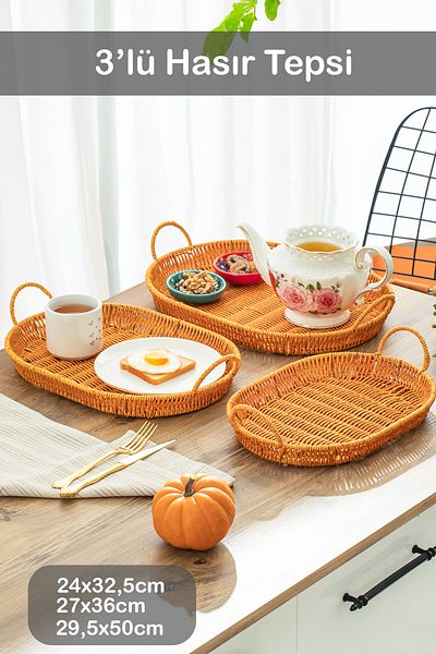 Porsima 708-A Oval 3-Piece Wicker Basket Set - Home and Kitchen Organizer with Handles