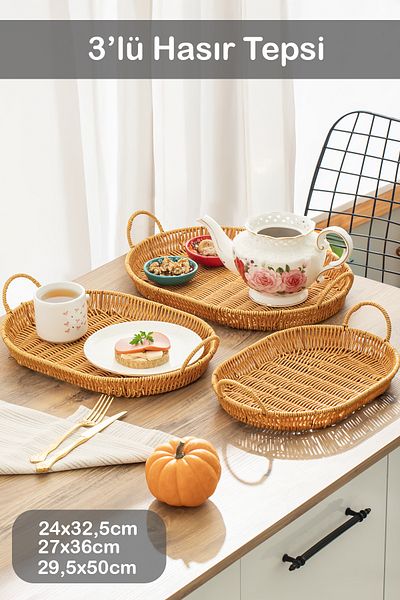 Porsima 708-B Oval 3-Piece Wicker Basket and Tray Set - Home and Kitchen Organizer
