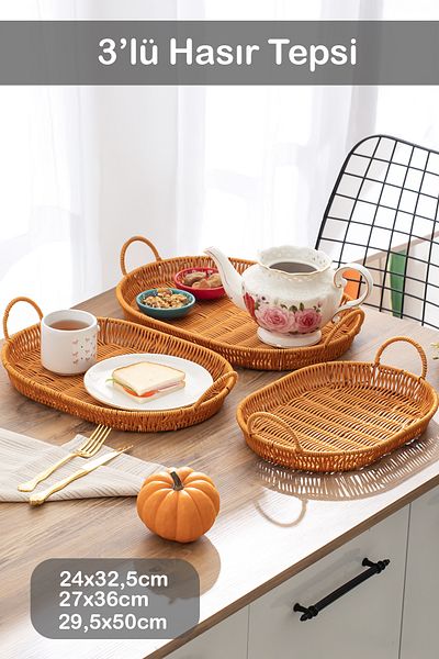 Porsima 708-D Oval 3-Piece Wicker Basket Set - Home and Kitchen Organizer Tray with Handles