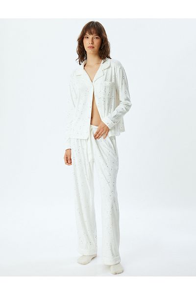 Koton Glittery Star and Moon Printed Knitted Pajama Bottom - Straight Wide Leg