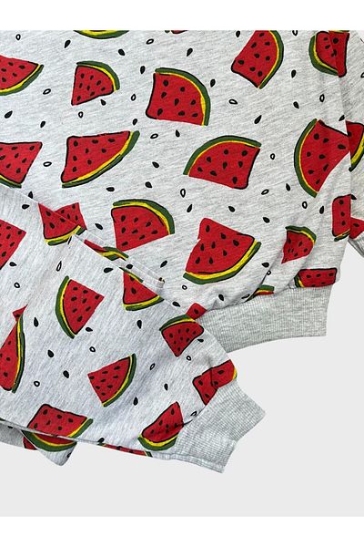 ALİŞ KİDS Girls' Cotton Gray Watermelon Patterned Long Sleeve Seasonal Pajamas Set