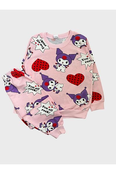ALİŞ KİDS Girls' Cotton Pink Kuromi Patterned Long Sleeve Seasonal Pajamas Set