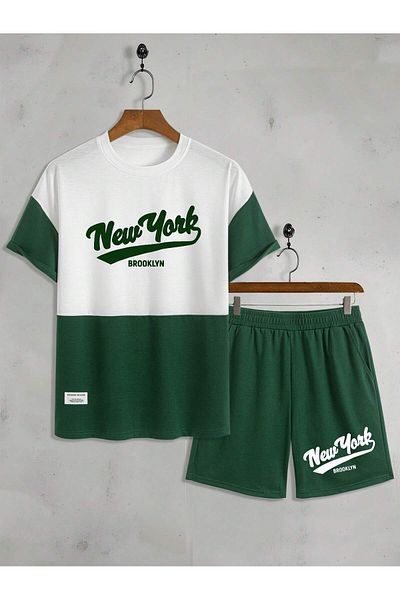 aynewmoda Newyork Brooklyn Printed Short Sleeve T-Shirt and Lace up Waist Shorts - Going Out