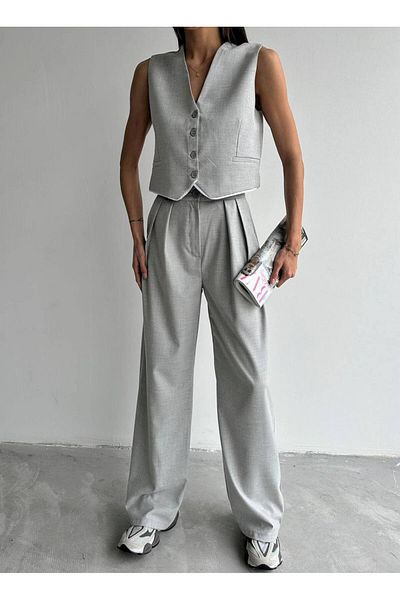 owwon Women's Gray Double Vest Pants Bottom Top Set