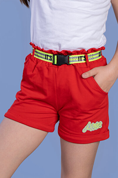 Toontoy Girl's Elastic Waist Belt Detailed Shorts with Two Side Pockets