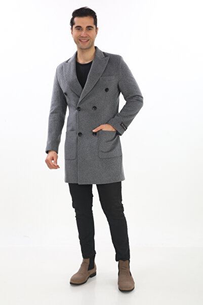 ŞAN GİYİM 2834 Erkek Açık Gri Sivri Yaka Kruvaze Kısa Palto