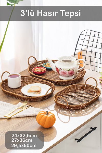 Porsima 708-C Oval Set of 3 Wicker Baskets and Trays - Decorative Home Kitchen Organizer