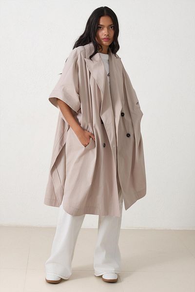 Setre Beige Oversize Asymmetrical Neck Midi Length Trench Coat