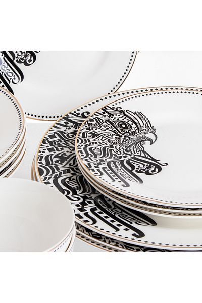 HIC Porcelain Dinner Set With Black and Gold Design 19 piece