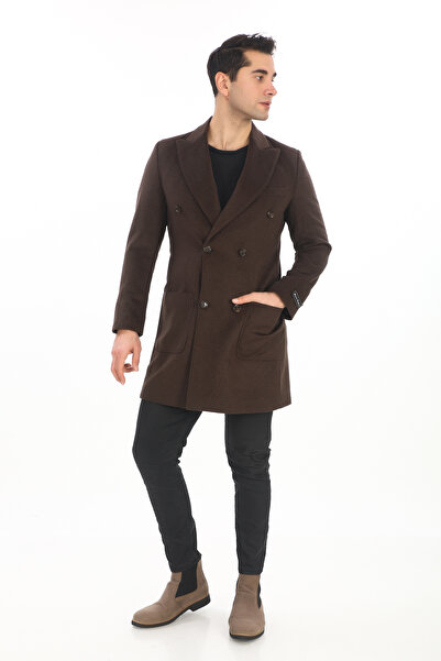 ŞAN GİYİM 2834 Erkek Kahverengi Sivri Yaka Kruvaze Kısa Palto