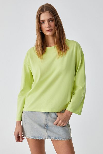 GRIMELANGE Basil Women's Oversize 100% Organic Cotton Knitted Long Sleeve Green T-Shirt