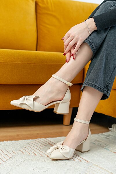 DİVOLYA Toli Beige Leather Bow (5 cm Heels) Daily Use Shoes
