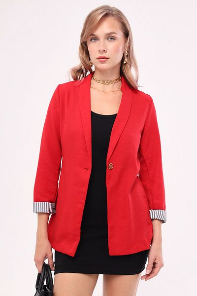 armonika Dámská proužkovaná bunda s červeným rukávem na jeden knoflík ARM-22K001122