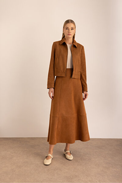 Aker Kup Detaylı Süet Evaze Etek