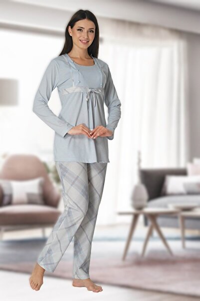 Pelin Women's Blue Patterned Maternity Sleepwear Set with Breastfeeding Features