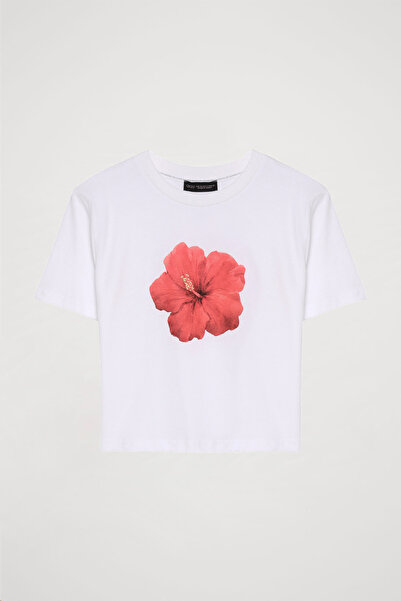 Quzu Colorful Hibiscus Floral Crop T-Shirt White