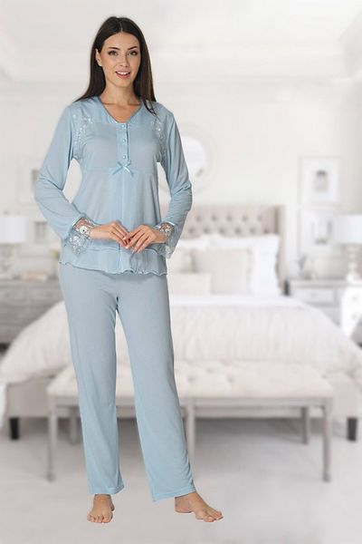 Pelin Set de pijamale de maternitate pentru alăptare din dantelă albastră pentru femei