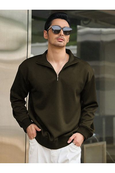 BayBayan Ανδρικό φούτερ με μισό φερμουάρ Oversize Stand Collar