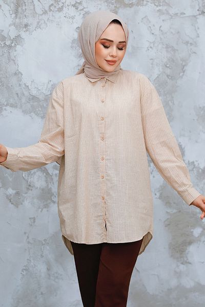 Neva Style Cămașă cu dungi Hijab bej - 52292BEJ