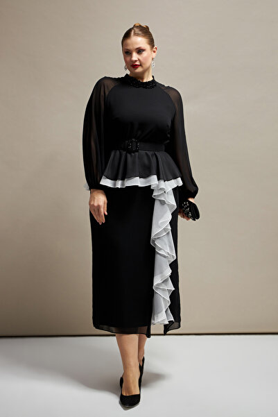 İnce işleme ve Fırfır detaylı Midi boy Abiye Şifon Elbise