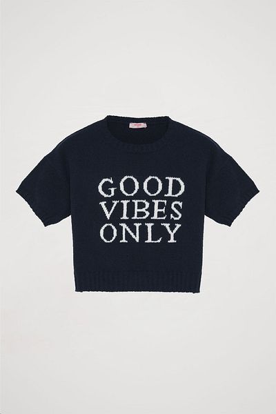Quzu Text Printed Short Sleeve Knitwear Navy Blue