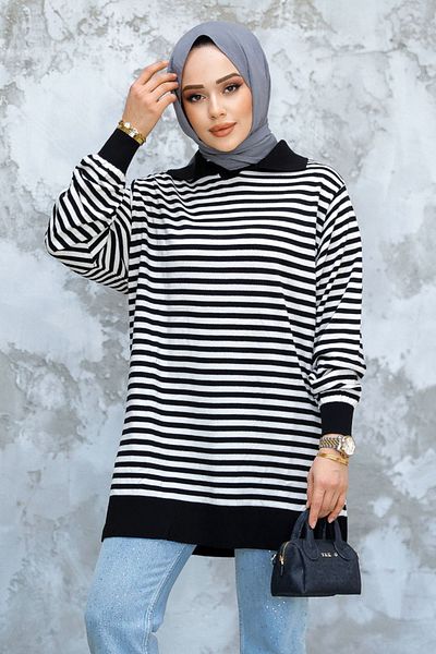 Neva Style Striped Ecru Hijab Knitwear Tunic 65904E
