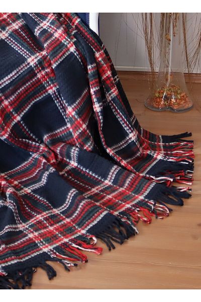 BARANO YUSSİ Cotton Blanket Single Navy Blue Plaid Soft Waffle Textured Room Blanket