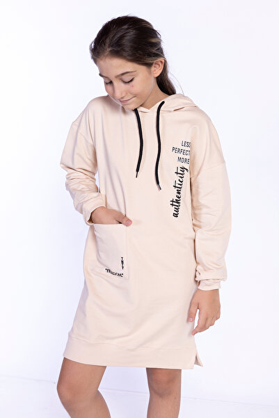 Toontoy Rochie pentru fetiță cu glugă cu detaliu de buzunar cu șnur cu imprimeu