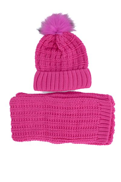 Oppland Set de beretă și eșarfă cu pompon gros de iarnă pentru femei, din bumbac, pliat, elastic, rezistent la vânt